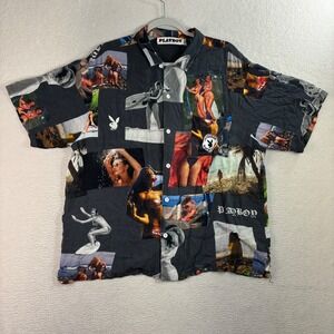 Playboy PacSun Button Shirt Men L Black Photo Collage Surf Club AOP Camp Beach